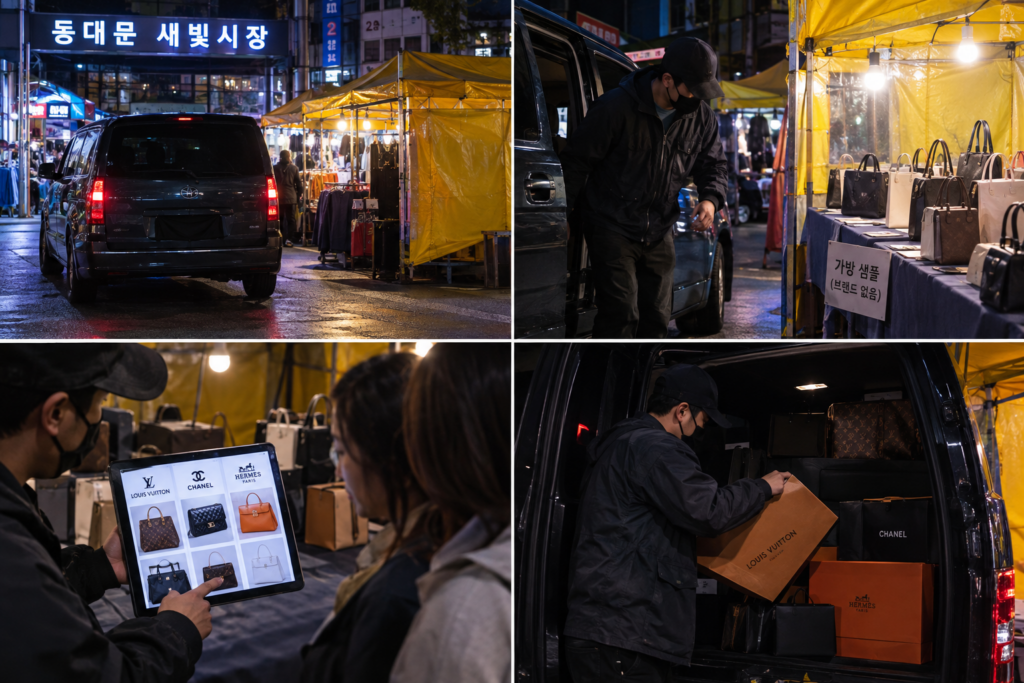 동대문 새빛시장 노점 인근에서 판매자가 태블릿으로 명품 브랜드 가방 사진을 보여주고, 승합차 안에는 명품 브랜드 상자들이 가득 실려 있다.
