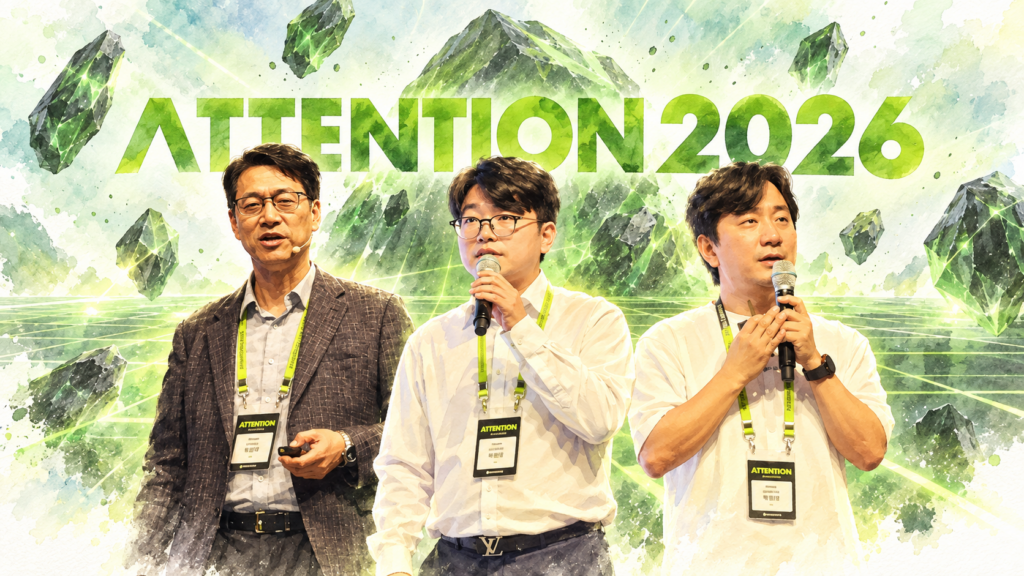 'ATTENTION 2026' 행사에서 발표자 세 명이 마이크를 들고 국방 AI 관련 세션을 진행하고 있다.