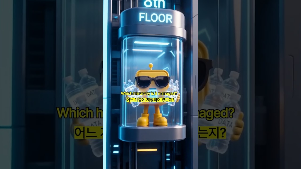 선글라스 쓴 노란 로봇 캐릭터가 8층 유리 엘리베이터에 탑승해 데이터 저장 계층 구조를 설명하는 모습.
