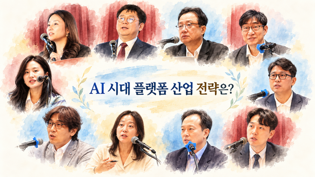 마이크 앞에서 발언하는 참석자 10명의 모습과 'AI 시대 플랫폼 산업 전략은?' 문구가 담긴 토론회 합성 이미지
