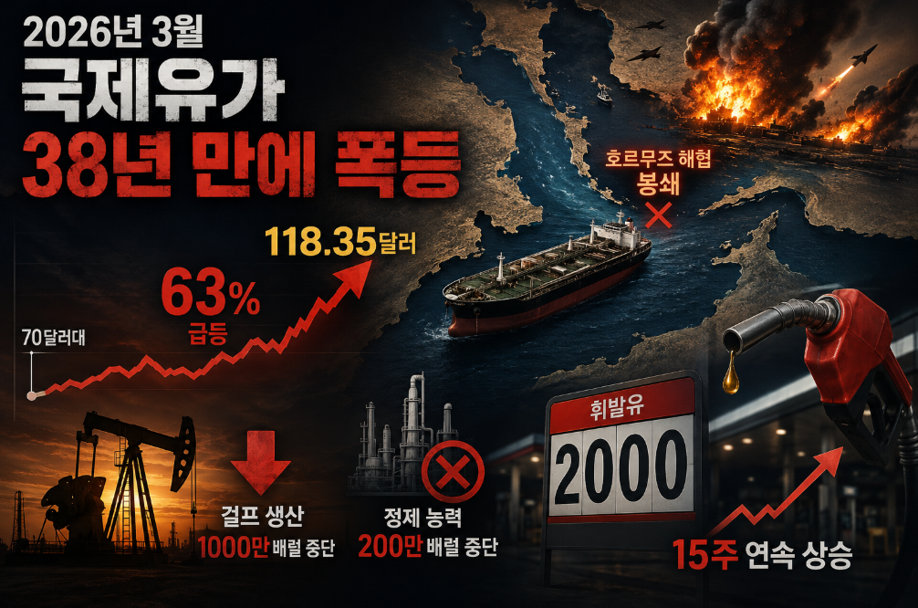 호르무즈 해협 봉쇄로 국제유가가 38년 만에 폭등하며 배럴당 118.35달러를 기록, 휘발유값도 15주 연속 상승을 나타낸 그래픽.