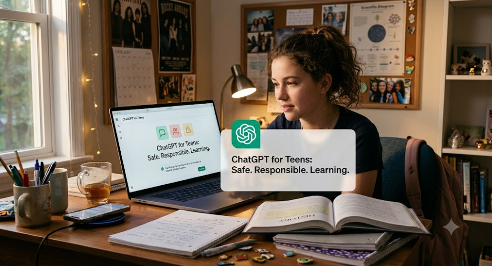 책상에서 노트북 화면에 뜬 'ChatGPT for Teens' 안내를 보는 청소년의 모습, 오픈AI 로고가 함께 표시되어 있다.