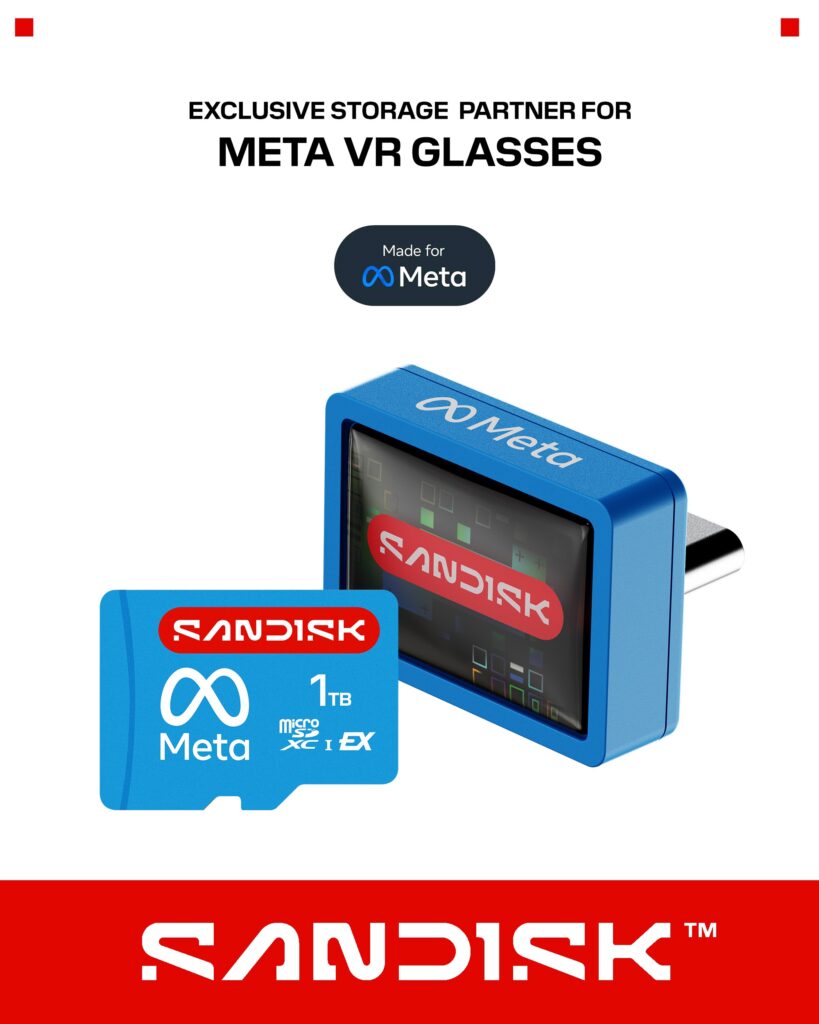 샌디스크의 메타 VR 글래스 전용 1TB 마이크로SD 카드와 USB-C 리더기 제품 이미지.