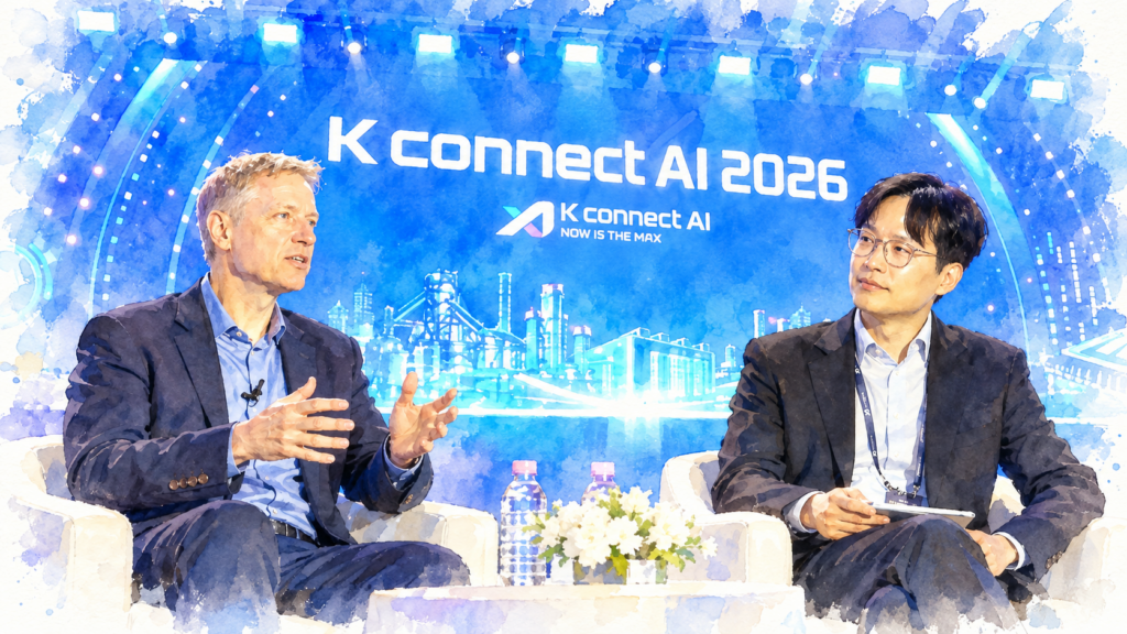 'K커넥트 AI 2026' 무대에서 외국인 연사와 한국인 패널이 대담하며 산업 AI 해법에 대해 논의하고 있다.