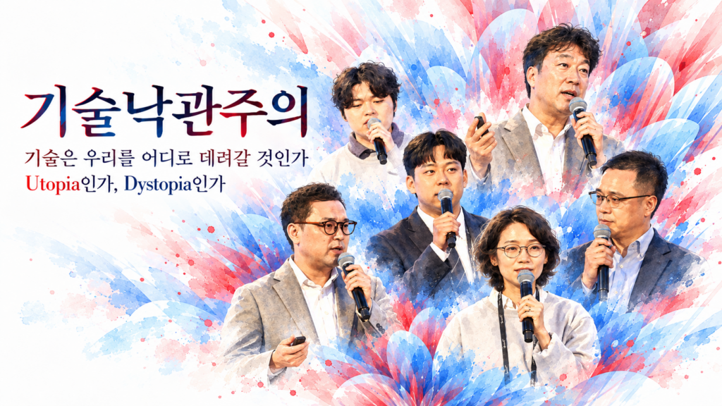 마이크를 든 발표자 6명이 '기술낙관주의, 기술은 우리를 어디로 데려갈 것인가'를 주제로 토론하는 모습.