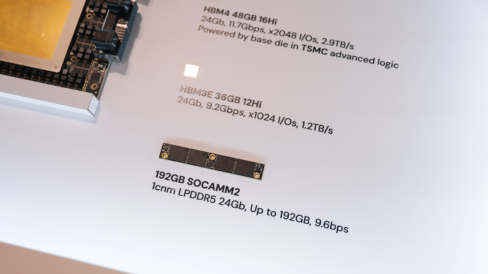 HBM4, HBM3E, 192GB SOCAMM2 등 차세대 메모리 제품 사양이 전시된 SK하이닉스 부스 안내판.