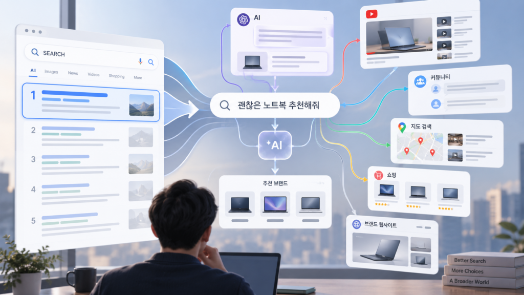 AI 검색창에 '노트북 추천' 질의를 입력하자 유튜브·커뮤니티·쇼핑 등 다양한 채널로 확장되는 검색 결과 흐름도.