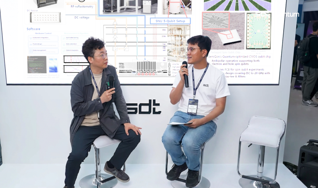 SDT 관계자 두 명이 양자컴퓨터 관련 기술 자료 화면 앞에서 마이크를 들고 인터뷰를 진행하고 있다.