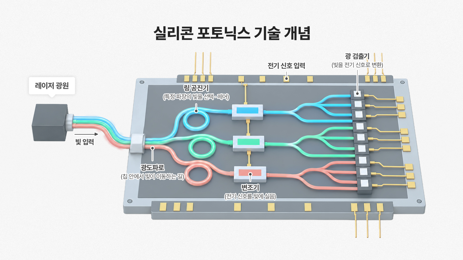 레이저 광원부터 광도파로, 링 공진기, 변조기, 광 검출기까지 빛으로 신호를 전달하는 실리콘 포토닉스 칩 구조도.
