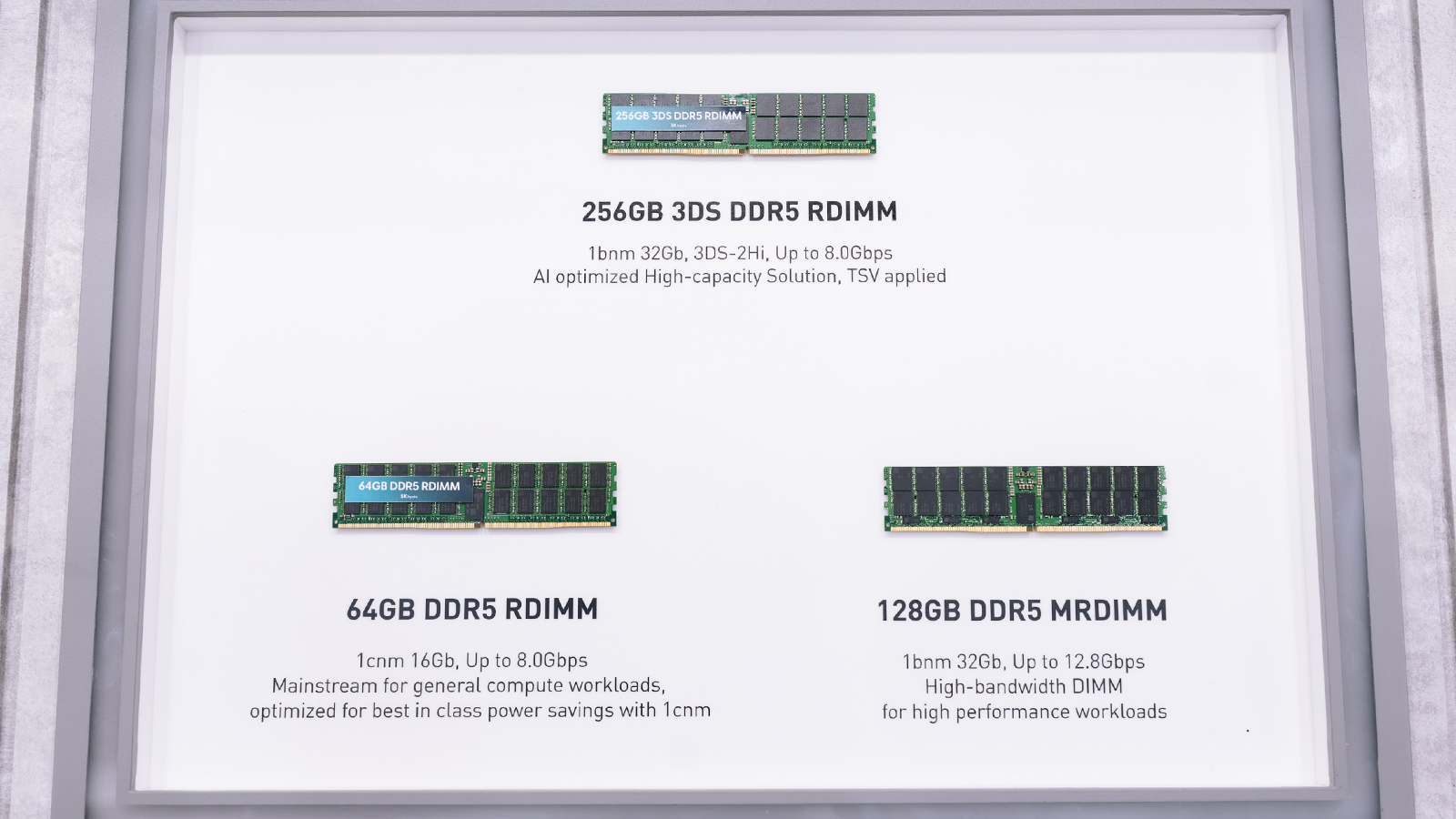SK하이닉스가 전시한 256GB 3DS DDR5 RDIMM, 64GB DDR5 RDIMM, 128GB DDR5 MRDIMM 서버용 메모리 모듈 제품들.