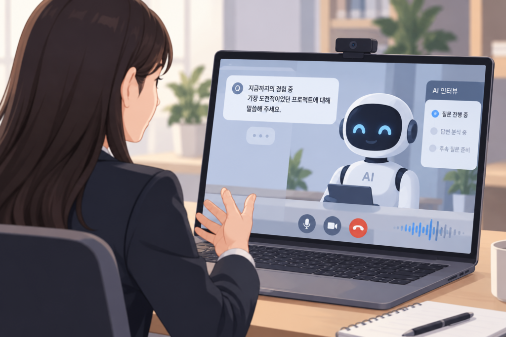 노트북 화면 속 AI 면접관이 질문을 하고 구직자가 답변하는 AI 화상 인터뷰 모습을 그린 일러스트.