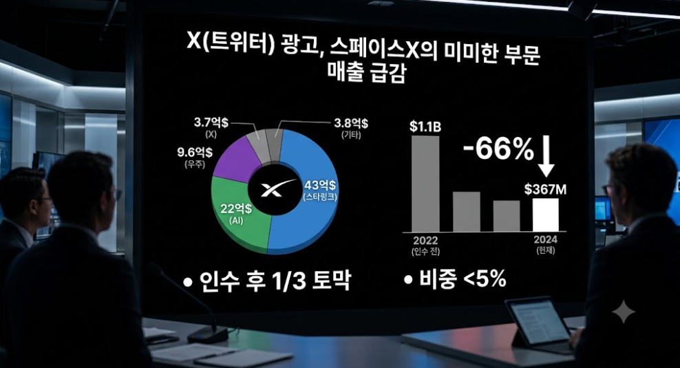 X 광고 매출이 2022년 11억 달러에서 2024년 3억6700만 달러로 66% 급감했음을 보여주는 그래프 화면, 관계자들이 스크린을 바라보고 있다.