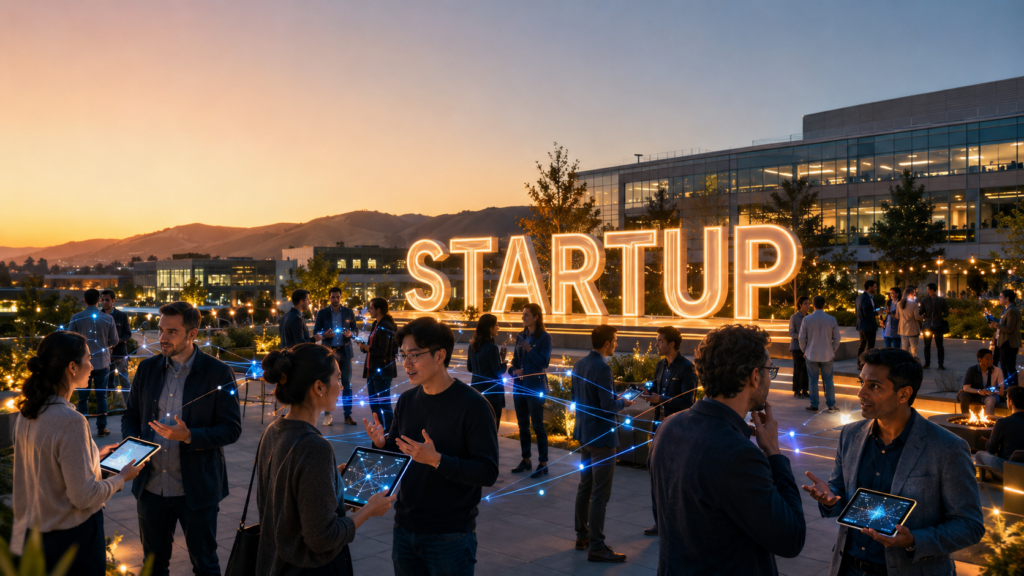 'STARTUP' 조형물이 빛나는 실리콘밸리 야외 행사장에서 참가자들이 태블릿을 들고 네트워킹하는 모습.