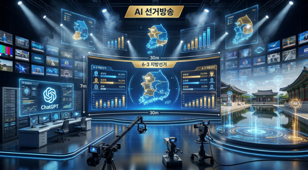 대형 스크린에 전국 지도와 득표율 그래프가 표시된 AI 선거방송 스튜디오, ChatGPT 로고와 6·3 지방선거 개표 데이터 화면.