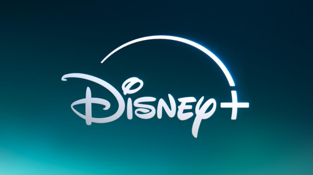 어두운 청록색 배경에 흰색으로 표시된 디즈니플러스(Disney+) 로고