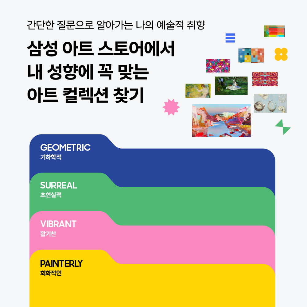 삼성 아트 스토어의 예술 취향 테스트 안내 이미지로, 다양한 그림 작품과 기하학적·초현실적·활기찬·회화적 카테고리가 색색의 띠로 표시되어 있다.