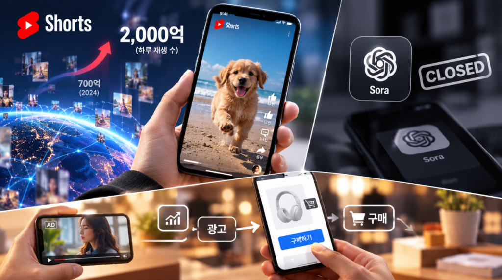 유튜브 쇼츠 하루 재생수 2000억 건 급증 그래프와 쇼핑 연동 광고, 종료된 Sora 앱 화면을 보여주는 숏폼 콘텐츠 시장 합성 이미지