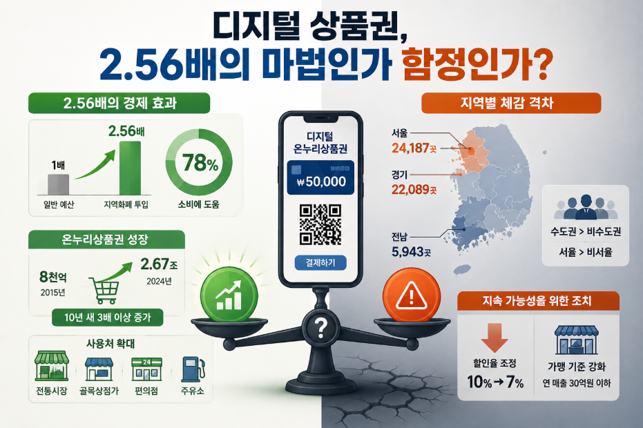 디지털 상품권의 경제 효과와 지역별 가맹점 격차, 지속 가능성을 위한 조치를 보여주는 인포그래픽