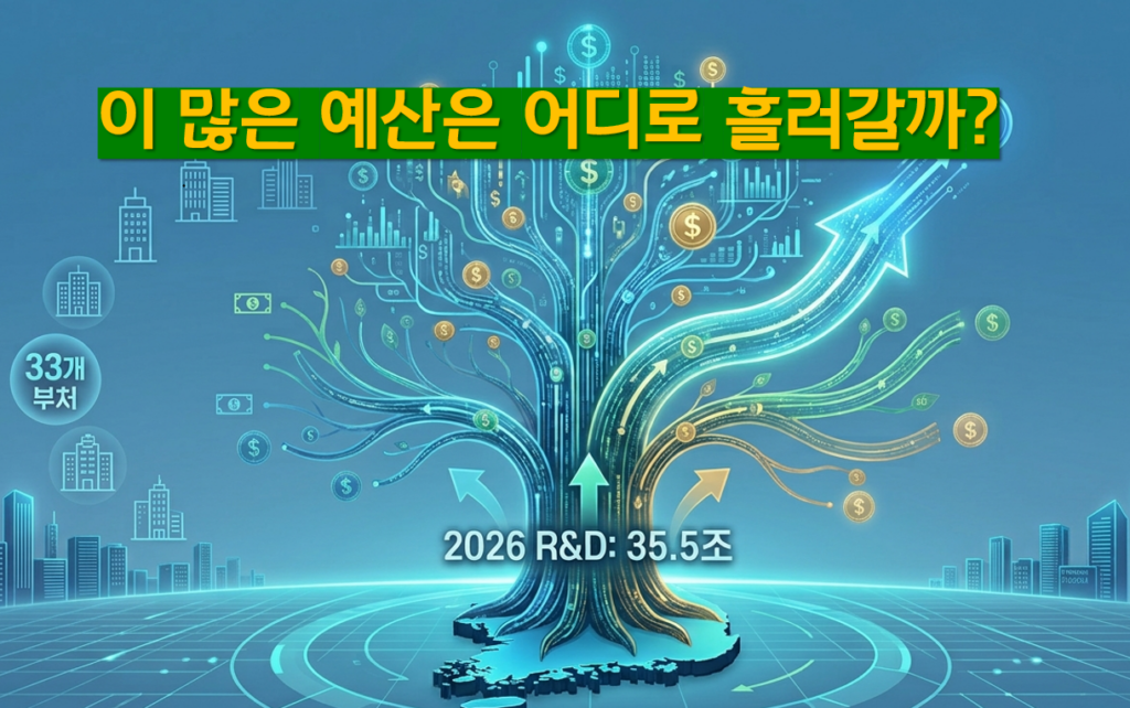 나무 형상의 그래픽에서 달러 기호가 가지를 따라 33개 부처로 뻗어가는 모습으로 2026년 R&D 예산 35.5조원 배분을 표현.