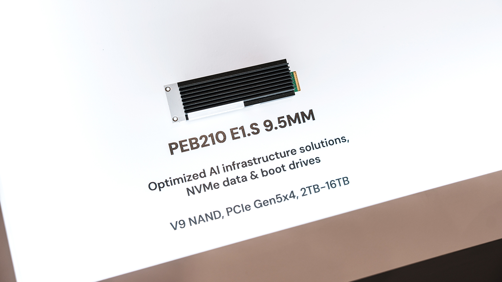 AI 인프라용 NVMe 데이터·부팅 드라이브인 SK하이닉스 PEB210 E1.S SSD 제품이 전시된 모습.