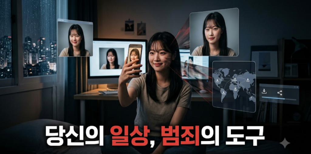 스마트폰으로 셀카를 찍는 여성의 사진이 여러 화면과 세계지도로 퍼져나가는 모습, 개인정보 유출과 딥페이크 범죄 위험을 상징.