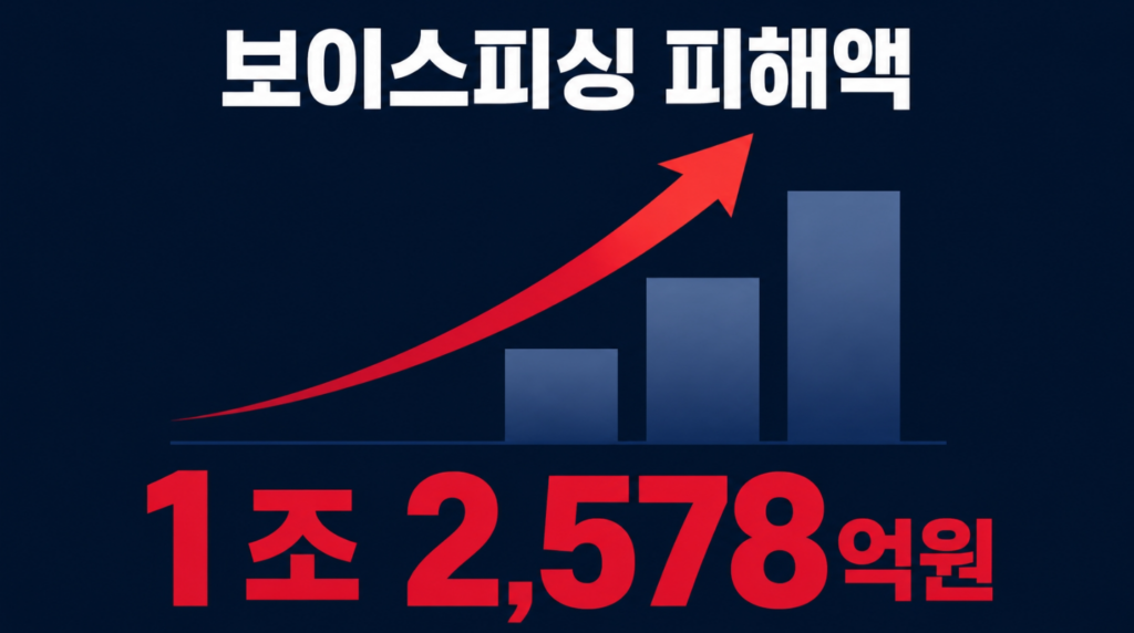 보이스피싱 피해액이 1조 2,578억원으로 급증한 것을 보여주는 상승 그래프와 화살표 그래픽