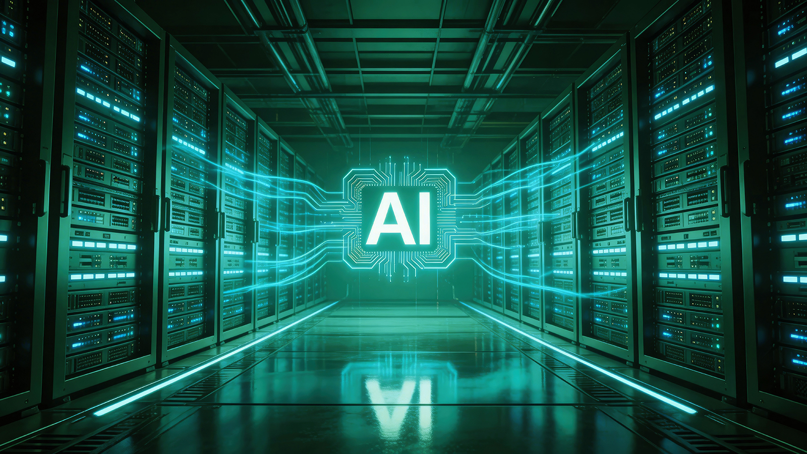 데이터센터 서버랙 사이로 'AI' 문구와 회로 그래픽이 빛나는 모습, AI 연산 인프라를 상징하는 이미지.