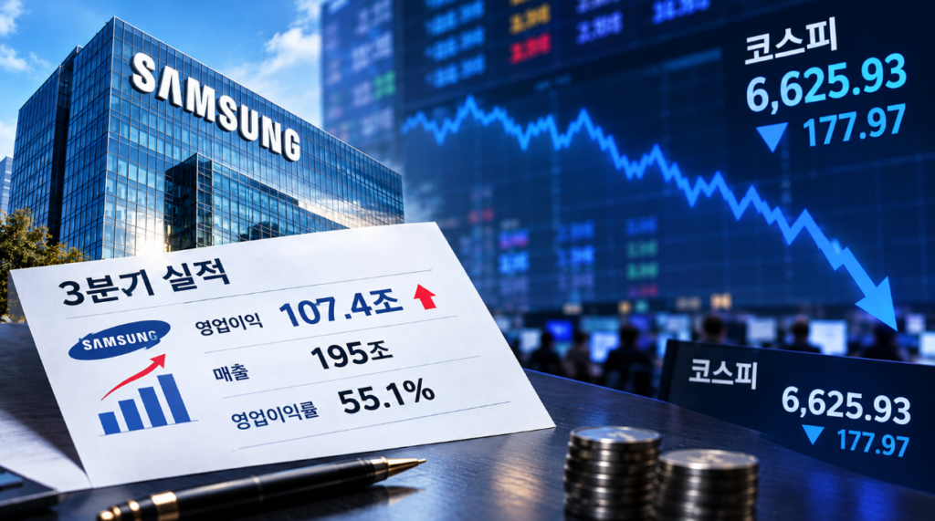 삼성전자 건물과 3분기 실적표, 하락하는 코스피 지수 그래프를 함께 보여주는 합성 이미지