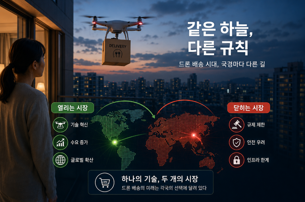 베란다에서 배송 드론을 바라보는 여성과 국가별 드론 배송 규제 차이를 보여주는 세계지도 그래픽.