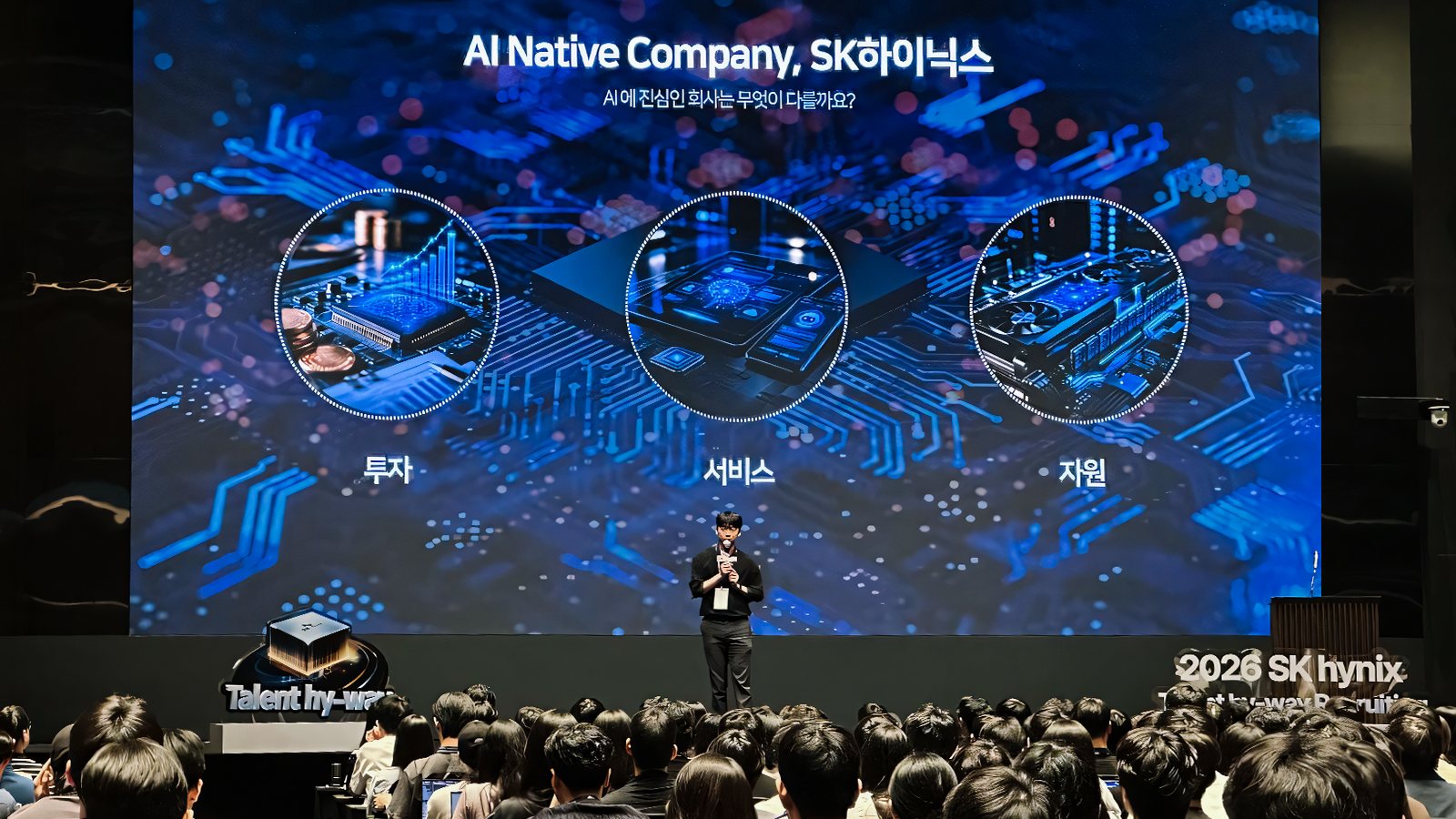 SK하이닉스 채용설명회에서 발표자가 'AI Native Company, SK하이닉스' 화면 앞에서 투자·서비스·자원을 설명하고 있다.