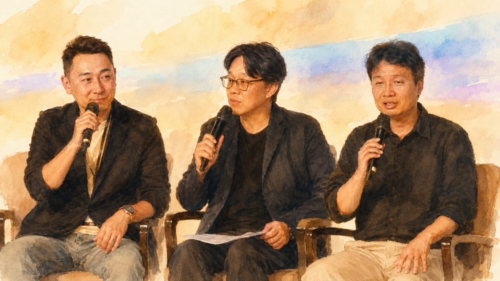 세 남성이 무대에 나란히 앉아 마이크를 들고 대담을 나누는 모습, 소버린 AI 반도체 관련 토론 현장.