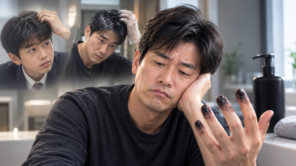 새치 염색약 사용 후 손톱이 검게 물든 손을 짚고 고민하는 남성, 뒤로 탈모와 흰머리를 살피는 모습이 겹쳐 보인다.