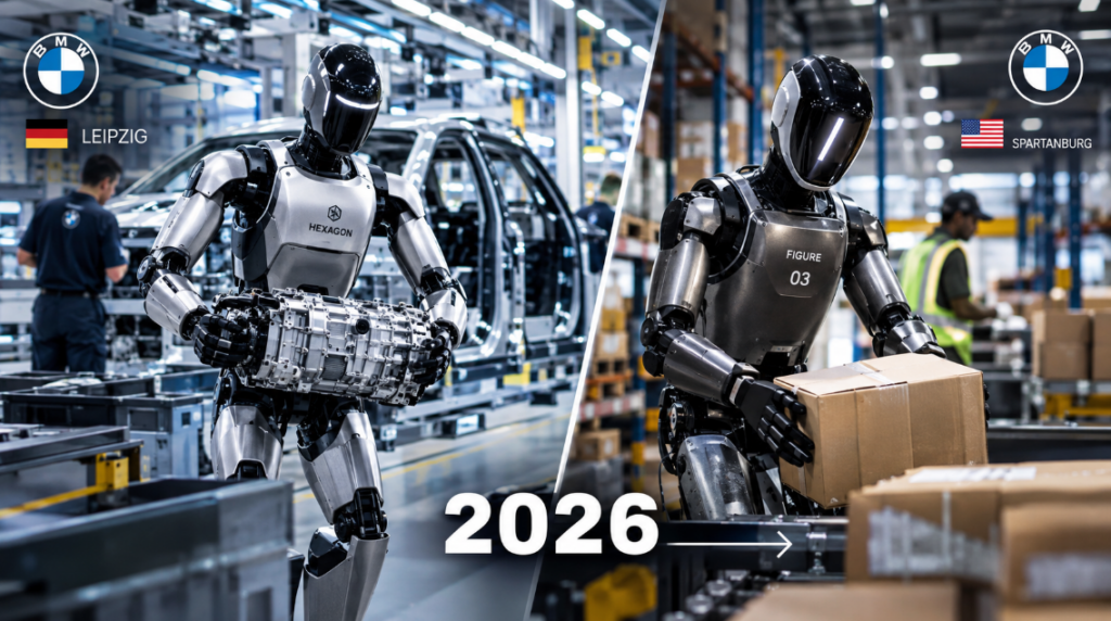 BMW 라이프치히·스파르탄버그 공장에 2026년 투입 예정인 휴머노이드 로봇이 부품과 상자를 옮기는 모습.