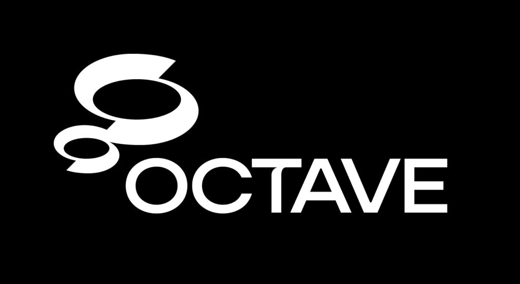 검은 배경에 흰색 소용돌이 모양 로고와 'OCTAVE' 텍스트가 표시된 브랜드 로고 이미지.