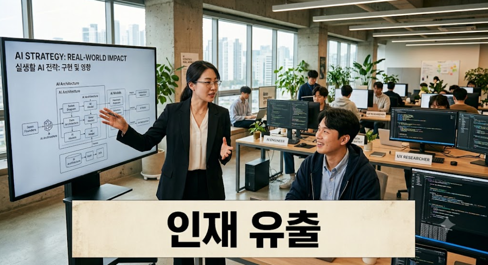 AI 전략 발표 화면 앞에서 대화하는 남녀 개발자와 노트북으로 작업하는 사무실 직원들, '인재 유출' 텍스트.