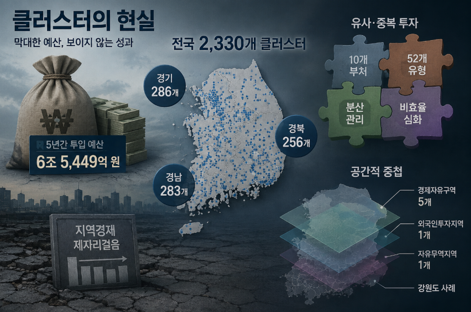 전국 2,330개 클러스터에 5년간 6조5,449억원 투입됐지만 유사·중복 투자와 공간적 중첩으로 지역경제 성과는 제자리걸음을 보여주는 인포그래픽.
