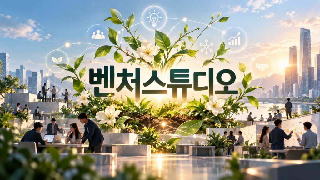 도심 배경에 '벤처스튜디오' 글자와 아이디어·성장 아이콘, 협업하는 사람들이 어우러진 이미지.