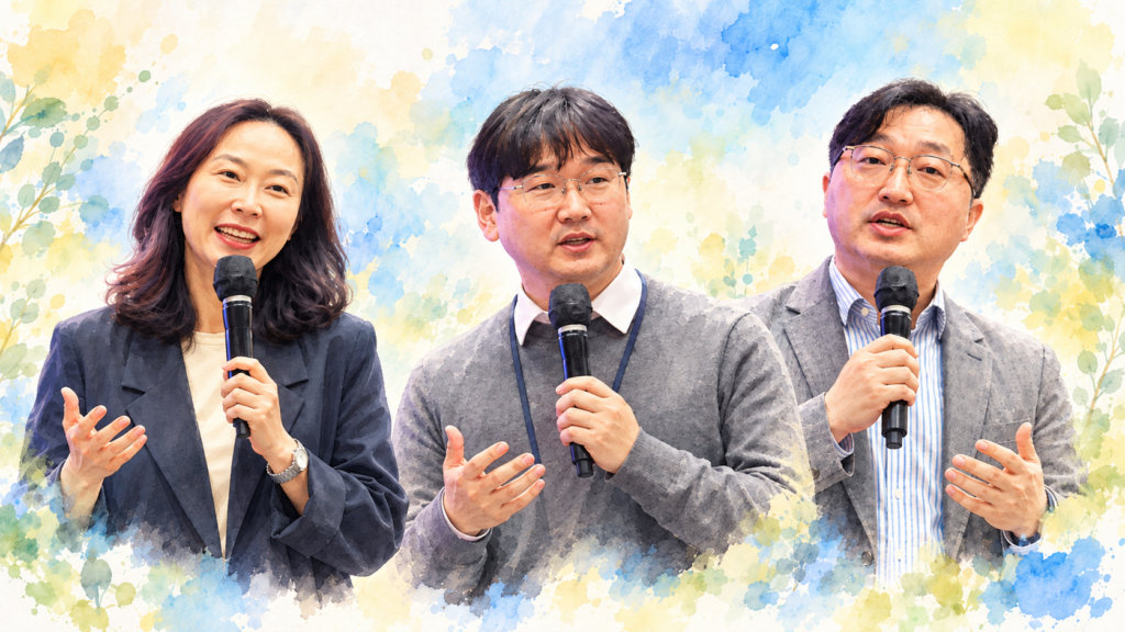 패널 토론에서 마이크를 든 세 명의 발표자가 K-콘텐츠와 AI 활용에 대해 이야기하고 있다.