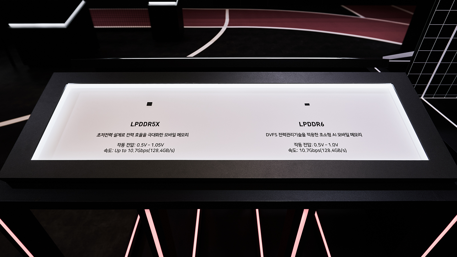 전시장에 LPDDR5X와 LPDDR6 모바일 메모리의 전력·속도 사양이 적힌 전시 패널이 조명 아래 놓여 있다.