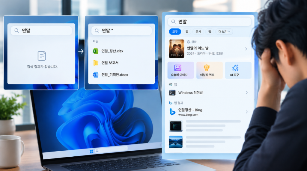 윈도우 검색창에 '연말'을 입력한 화면들과 노트북 앞에서 머리를 감싸 쥔 남성의 모습.