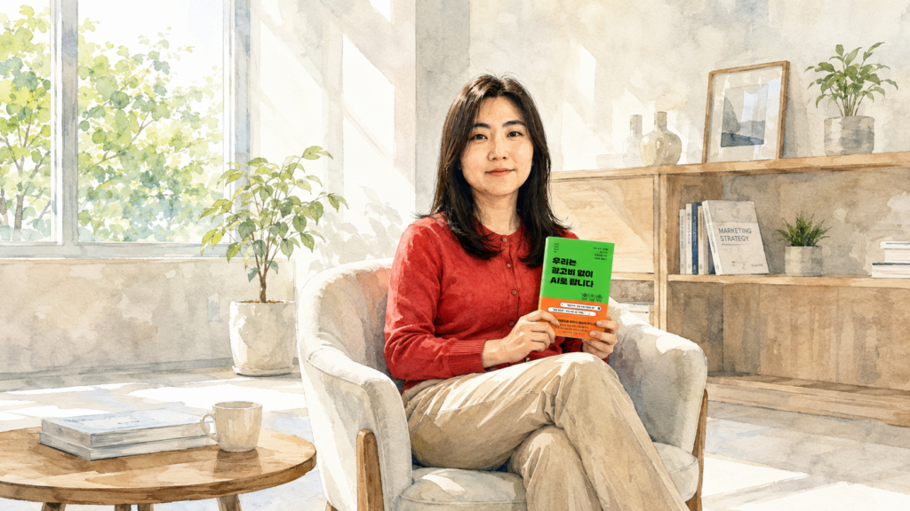공인희 함샤우트글로벌 본부장이 거실 소파에 앉아 '우리는 광고비 없이 AI로 팝니다' 책을 들고 있는 모습.