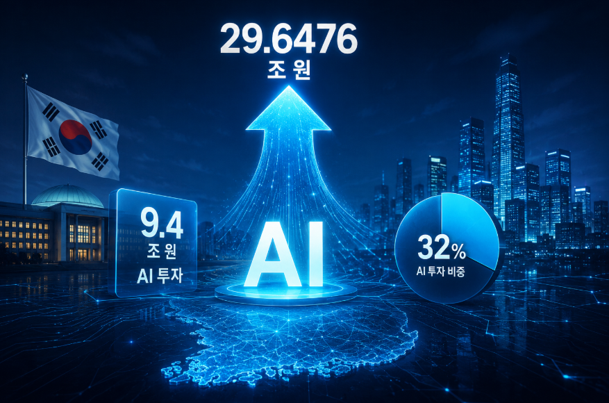 29.6476조 원 규모 예산과 9.4조 원 AI 투자, 32% 비중을 나타낸 그래픽에 한국 지도와 도심 야경이 배경으로 표현됨.