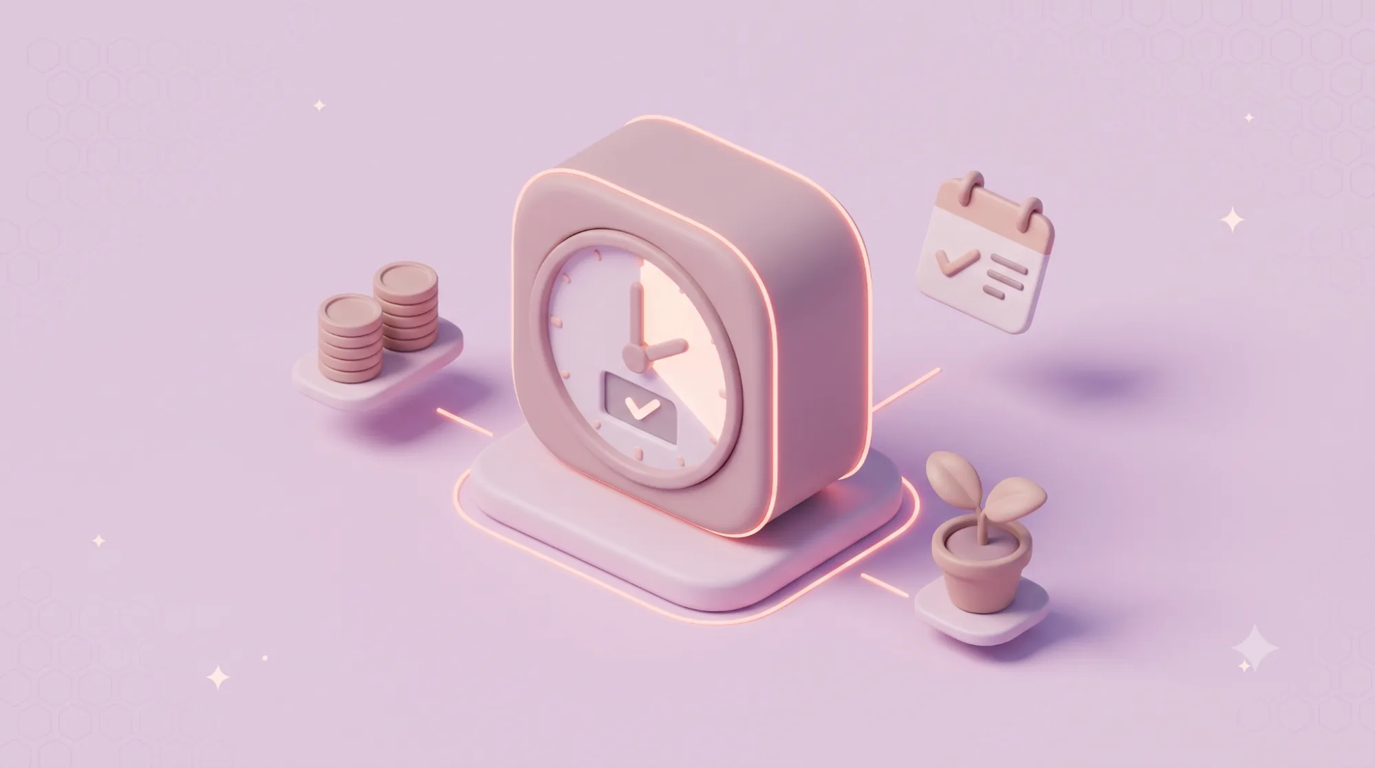 시계, 동전, 캘린더, 화분 아이콘이 배치된 3D 그래픽으로 근무시간 관리와 급여 처리를 상징적으로 표현한 이미지
