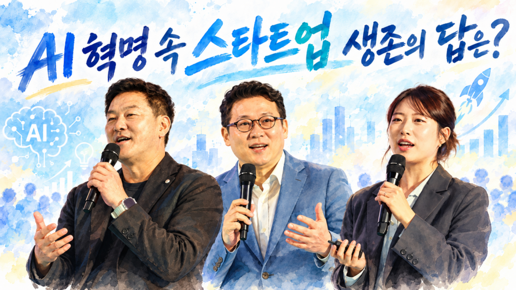 마이크를 든 남녀 세 명이 AI 혁명 속 스타트업 생존을 주제로 발언하는 모습을 담은 그래픽 이미지.