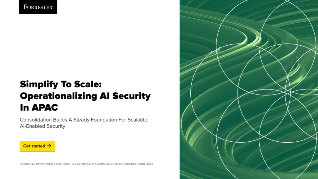 포레스터의 'APAC AI 보안 운영화' 보고서 표지, 녹색 소용돌이 배경과 원형 그래픽 디자인