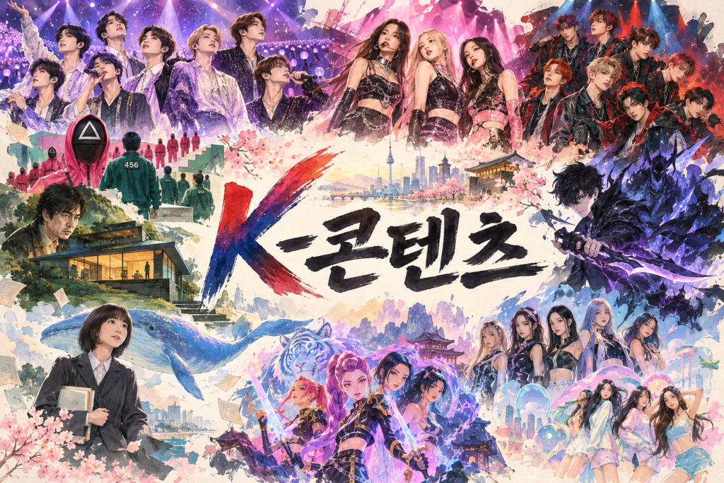 K팝 그룹과 드라마, 웹툰 캐릭터 등 K-콘텐츠를 상징하는 이미지들이 'K-콘텐츠' 문구를 중심으로 콜라주된 일러스트.