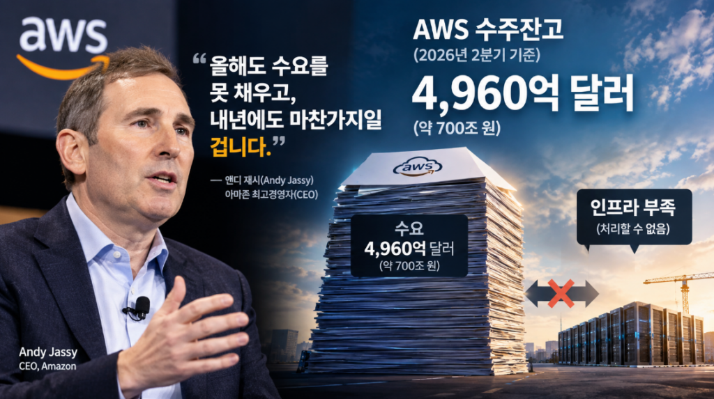 앤디 재시 아마존 CEO와 AWS 수주잔고 4,960억 달러를 쌓인 서류더미로 표현한 그래픽, 인프라 부족으로 수요를 못 채우는 상황을 보여줌.