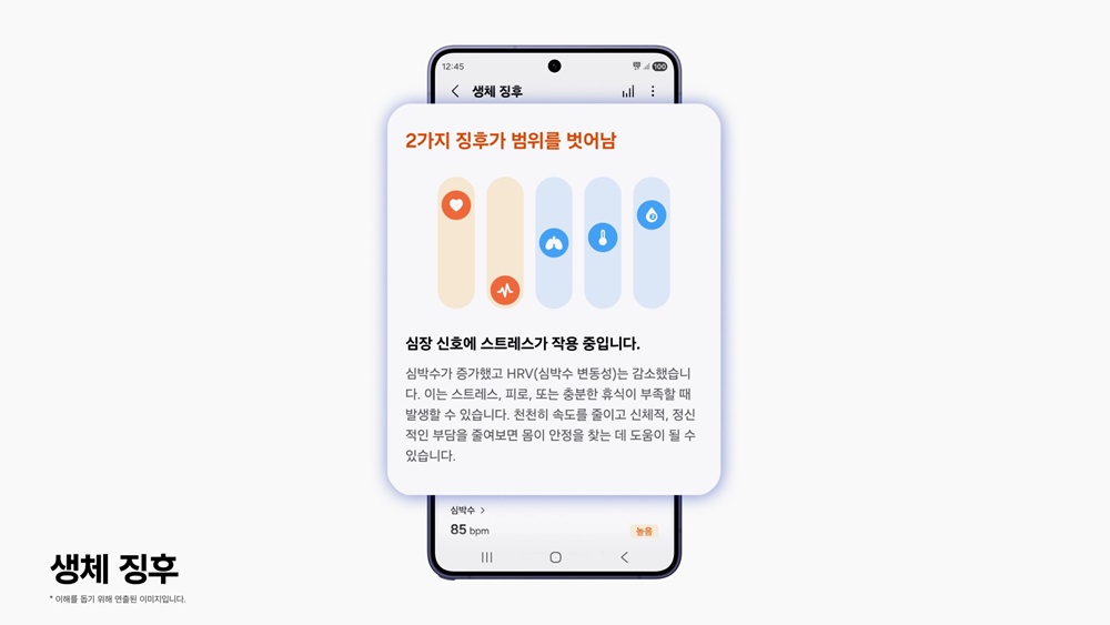 스마트폰 화면에 심박수 증가와 스트레스 징후를 알리는 갤럭시 생체 징후 기능 화면이 표시되어 있다.