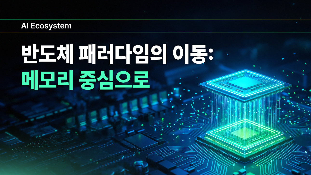 회로기판 위에 두 개의 반도체 칩이 빛나는 데이터 연결로 이어진 모습, 메모리 중심 반도체 패러다임 전환을 상징
