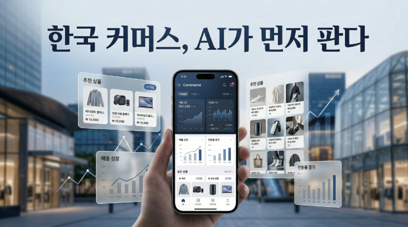 스마트폰 커머스 앱 화면과 매출 성장, 추천 상품, 전환율 그래프가 함께 표시된 'AI가 먼저 판다' 문구 이미지.